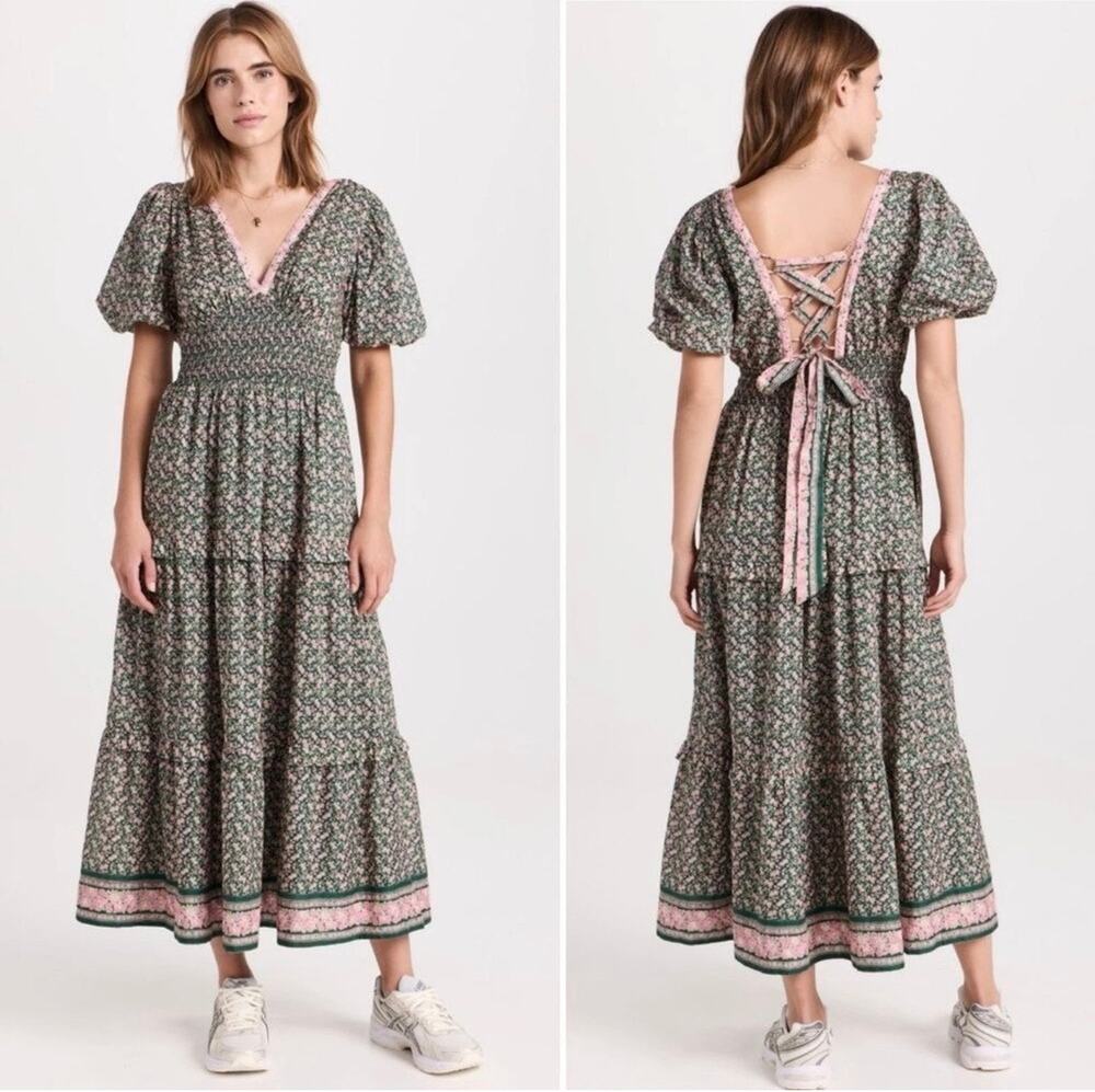 NWT Trovata Birds of Paradis Smocked Floral Midi Dress Tie Back sz M Milkmaids